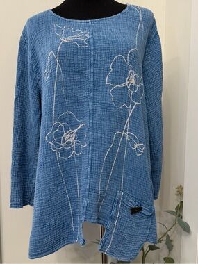Jess & Jane Blue Textured Floral Stitch-Detail Women's Tunic Top Long Sleeve L